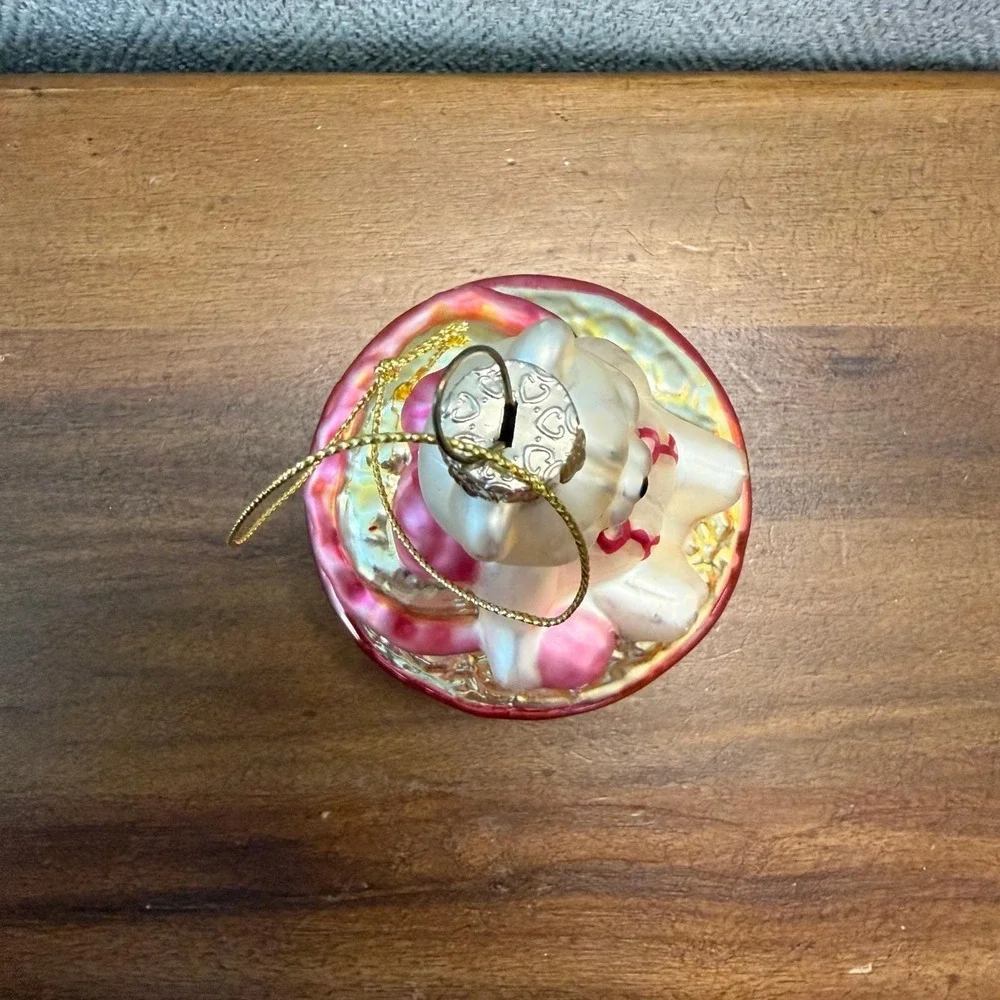 Glass Teddy Bear Ornament Sitting in Basket Pink Bow Christmas Holiday Decor